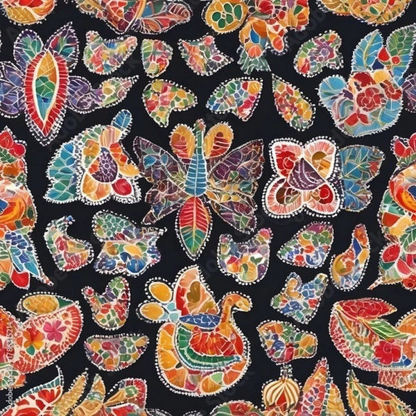 Fototapeta Vibrant Abstract Mosaic Art Black Background Bold Colorful Insect Butterfly Bird Shapes Contemporary Design Lively Decorative Patterns