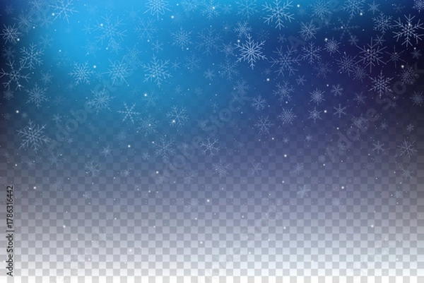 Obraz Falling snowflake vector sky background with transparent texture. Winter icy sparkles and crystals. Christmas holiday frozen blue abstract backdrop.