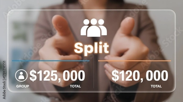 Fototapeta Digital Expense Splitting Interface with Group Totals and "Split" Functionality on a Receipt Background, Financial Management.