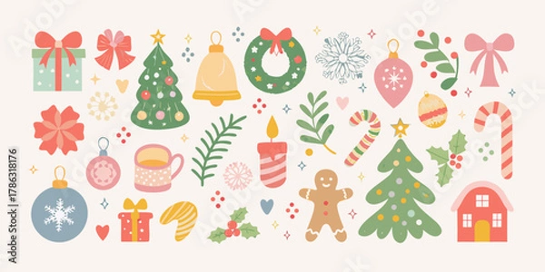 Obraz Collection of festive christmas icons and decorations in a whimsical flat design style