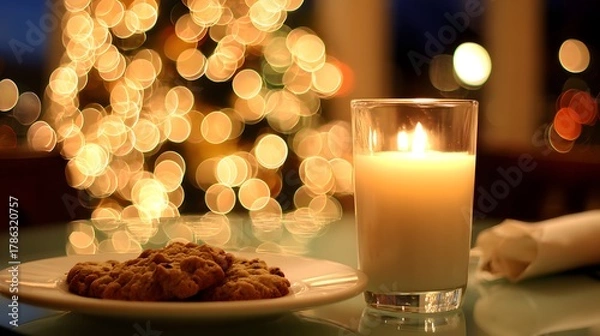 Fototapeta holiday table with cookies milk and candlelight, warm festive mood 