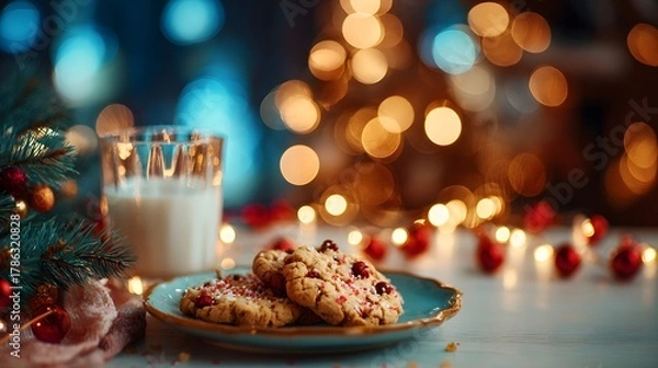 Fototapeta holiday table with cookies milk and candlelight, warm festive mood 