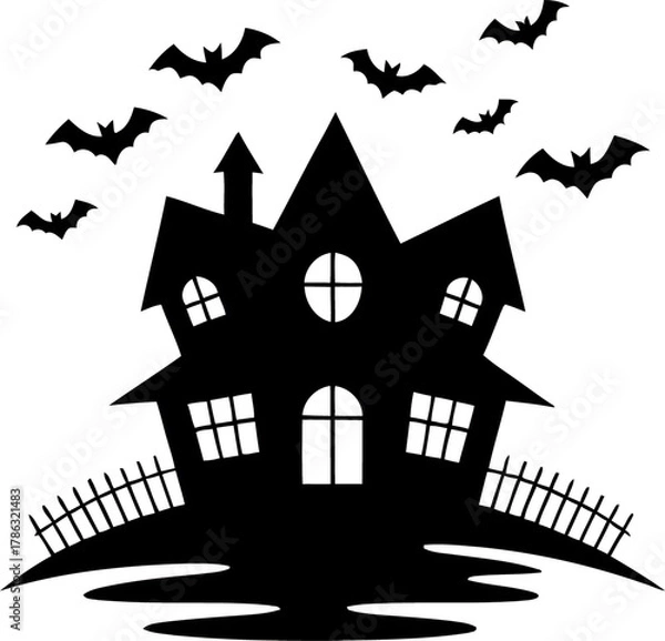 Obraz Silhouetted house with a peaked roof and surrounding trees outline