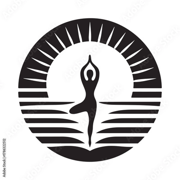 Fototapeta Sunrise Yoga Tree Pose vector silhouette outline logo design concept illustration