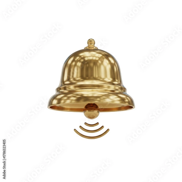 Obraz Golden notification bell with sound waves emanating, isolated on a black background graphic