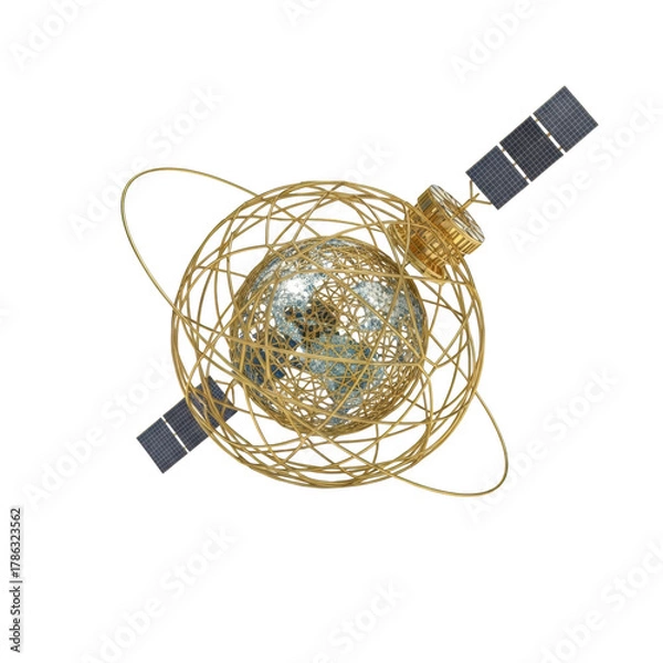 Obraz Golden Satellite Orbiting A Textured Globe With Solar Panels space earth