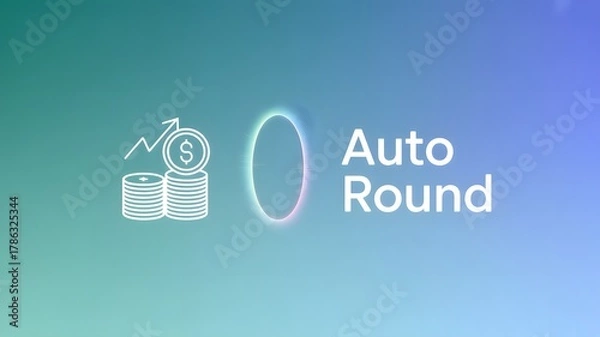 Fototapeta Digital Auto Round-Up Savings Feature: Glowing Stack of Dollar Coins with an Upward Arrow and a Circular Animation, Symbolizing Automated Micro-Investment and Wealth Accumulation 