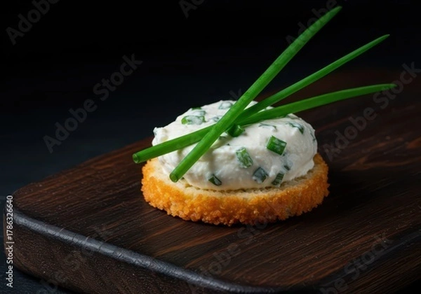 Fototapeta Vibrant green chives garnish a luxurious, creamy cheese appetizer bite on a dark wooden board, ready for a sophisticated party, organic, spring, gourmet