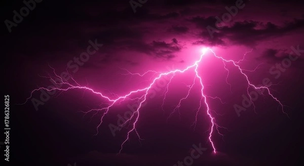 Obraz Vibrant pink neon lightning strike against a swirling dark cloudy sky background, radiating intense electrical energy and a supercharged retro glow ,digital, dramatic, bolt