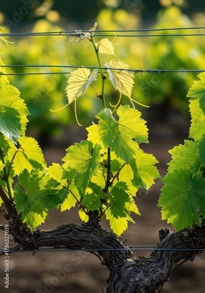 Obraz Vigorously growing grapevine with twisting woody stems and broad green leaves reaching toward the sunlight, symbolizing fertility and future wine harvest, botany, garden, stem