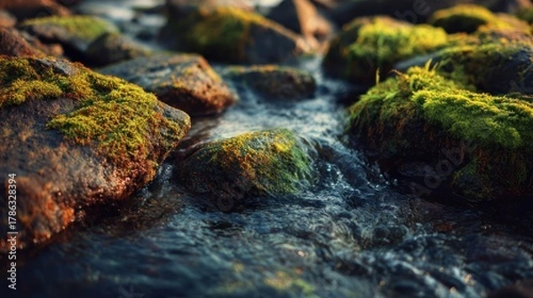 Fototapeta Moss covered rocks in shallow flowing water close up