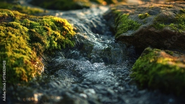 Fototapeta Close up of mossy rocks with clear water flowing between them.