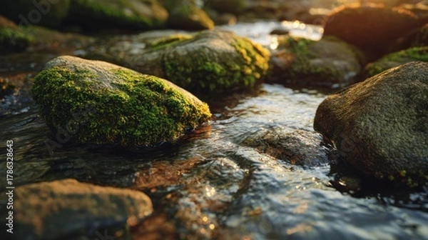 Fototapeta Moss covered rocks in shallow moving water at sunset light.