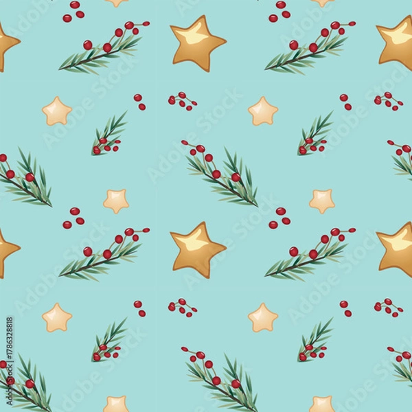 Fototapeta Repeating seamless vector design featuring hand-drawn holiday elements like cookies, pine needles and berries in soft tones