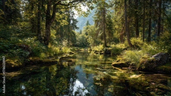 Fototapeta Sunlight streams through forest trees onto a clear stream and rocks.
