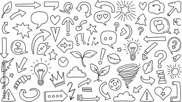 Obraz Collection of handdrawn doodle icons including arrows, speech bubbles, hearts, stars, and weather symbols, isolated on white background