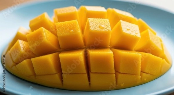 Obraz Freshly Cut Ripe Mango Slices on a Blue Plate.