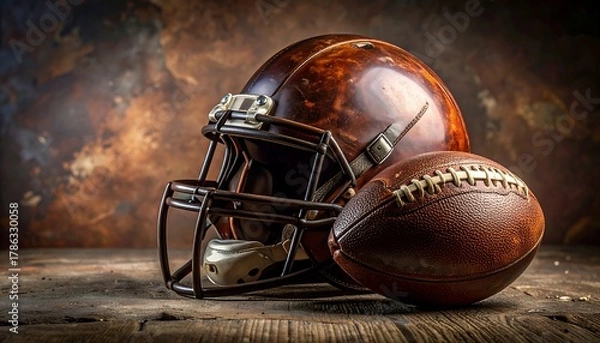 Obraz Vintage Football Gear - Helmet and Ball on Wooden Surface.