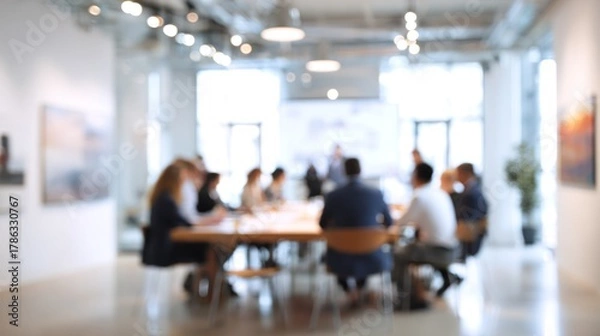 Fototapeta Blurred business meeting with people seated around a large wooden table.
