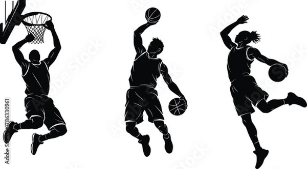 Obraz Basketball slam dunk silhouette, airborne players, dynamic motion, sports vector, athletic pose, double ball control, jump, action, court, power