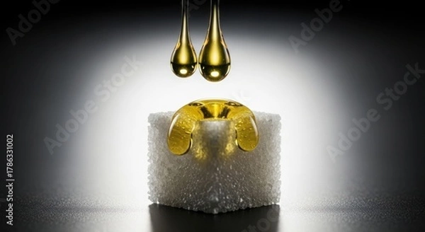 Fototapeta Golden Drops Falling Onto Sugar Cube with Dramatic Lighting.