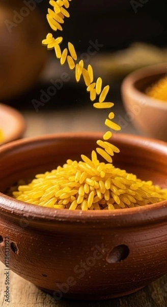 Fototapeta Golden Rice Grains Pouring into a Rustic Clay Bowl.