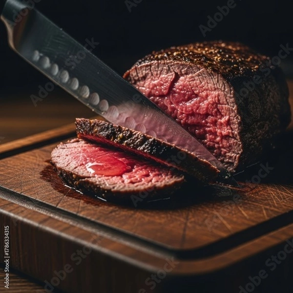 Fototapeta Juicy Roast Beef Sliced on Wooden Cutting Board by Sharp Knife.