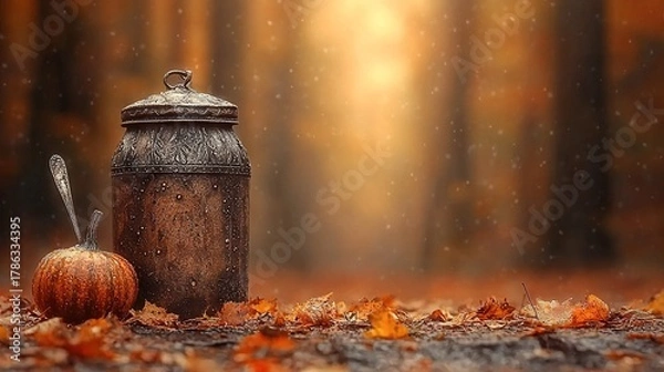 Obraz A small pumpkin sitting on the ground next to a metal container