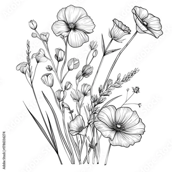 Fototapeta Delicate wildflowers and leaves arranged in natural composition with intricate details and textures