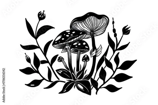 Fototapeta Vector illustration of mushrooms with botanical elements in a tattoo style design