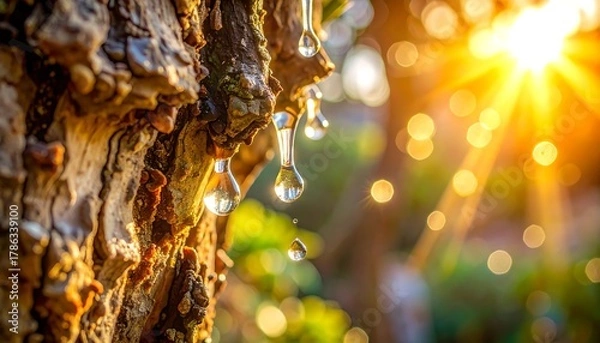 Obraz Resin Drops on Tree Bark in Sunlight - A Natural Wonder.