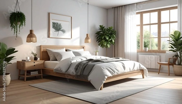 Obraz Serene Bedroom Interior with Natural Light and Greenery.