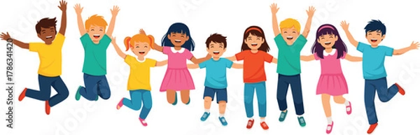 Obraz Cartoon children jumping together, diverse kids smiling, colorful outfits, unity and play, flat vector, joyful group, cad drawing illustration