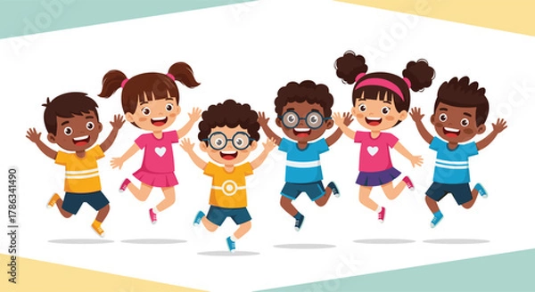 Obraz Cartoon children jumping together, diverse kids smiling, colorful outfits, joyful expressions, unity and play, flat vector, cad drawing illustration