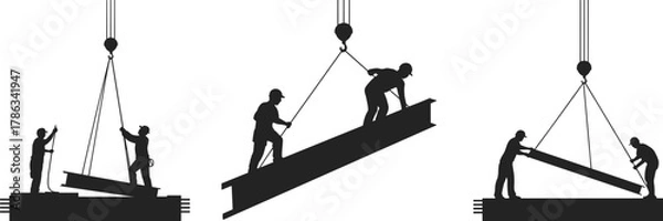 Fototapeta Construction workers silhouette, steel beam lifting, teamwork on site, crane operation, industrial safety, heavy metal handling, structural labor, building process