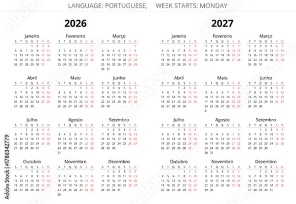 Fototapeta Portuguese calendar set for 2026 and 2027 year. Simple vector illustration Portugal
