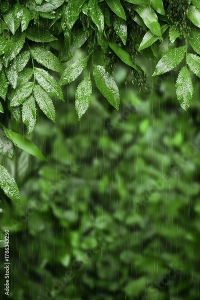 Obraz Macro view of fresh green leaves with raindrops in tropical rain. Nature freshness, sustainability, and eco lifestyle concept
