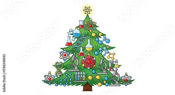 Fototapeta Celebrate the holidays with a festive science themed Christmas tree adorned with molecules DNA and lab equipment perfect for educational and scientific themes