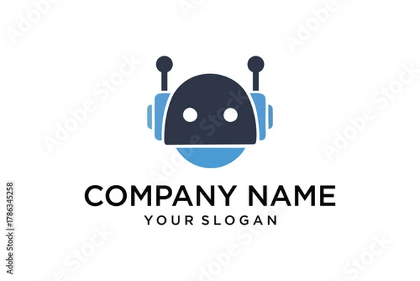 Fototapeta Robot Head Logo Design. Modern flat style avatar icon in blue, representing AI, technology, and digital services for company branding.