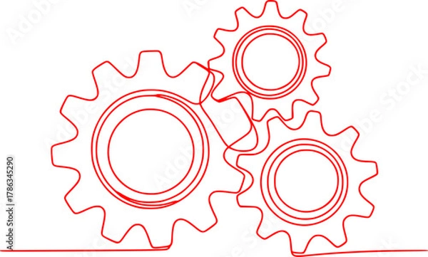Obraz Red Line Art of Three Interlocking Gears on White Background