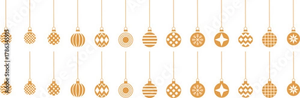 Fototapeta Golden christmas ornaments with diverse patterns, hanging, holiday decoration background Vector,Christmas gold ball background design vector 