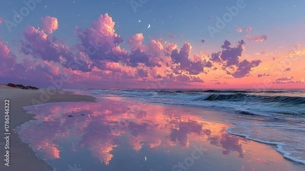 Obraz Sunrise beach, calm reflection, pastel clouds