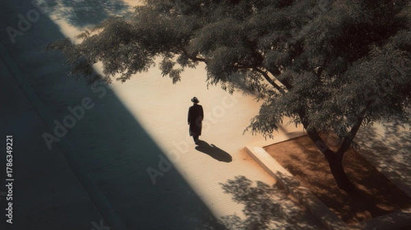 Obraz Solitary figure in a black coat walking under the shade of a tree in a minimalist urban setting