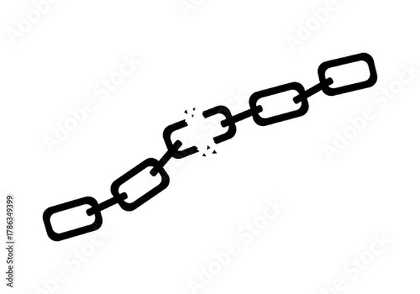 Fototapeta A silhouette of a broken steel chain on a white background. Black symbol of a broken chain. Concept of lost connection.