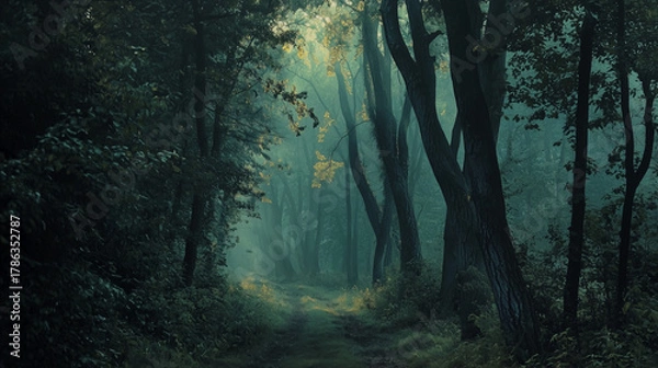 Fototapeta Mysterious forest landscape with towering trees and soft light filtering through the mist