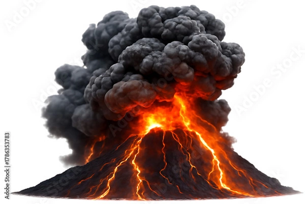 Fototapeta Active volcano erupting with molten lava flowing down its slopes and dark smoke plume, cutout, PNG isolated on white or transparent background