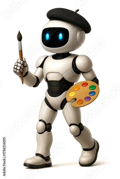Obraz A realistic 3D humanoid robot dressed as an artist, holding a paintbrush and palette while standing confidently against a clean white background