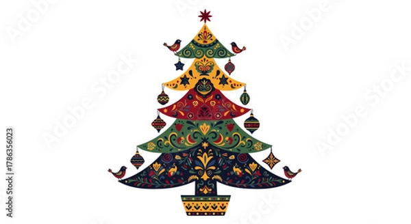 Fototapeta Vibrant folk art Christmas tree adorned with festive ornaments and charming birds, perfect for holiday celebrations and seasonal designs