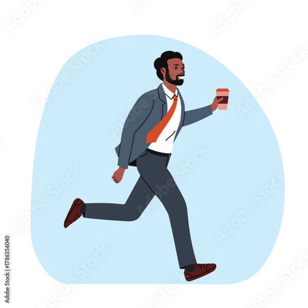Fototapeta Smiling businessman in a suit runs with coffee in his hand isolated. Vector flat style cartoon illustration