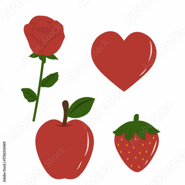 Fototapeta Color learning illustration with red objects for children. Includes apple, heart, strawberry, and rose. Great for preschool color recognition, kids worksheets, and classroom printables.